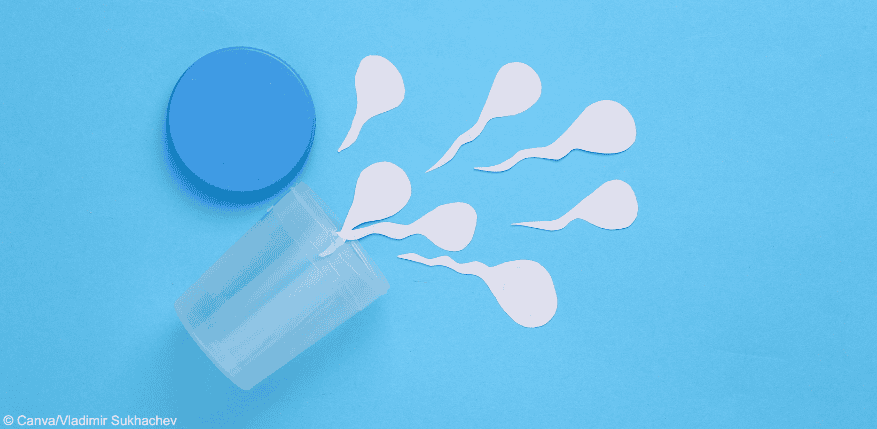 Samenspende: Ein Becher aus dem sich Spermien aus Papier bewegen.